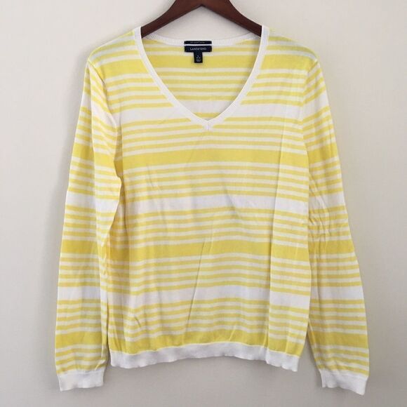 Lands’ End yellow & white stripe V-neck sweater L - Picture 2 of 5
